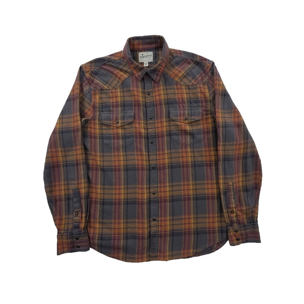 Lucky Brand Shirt Men's L Orange Gray Grey Plaid Saturday Stretch Snap Buttons - Picture 1 of 16